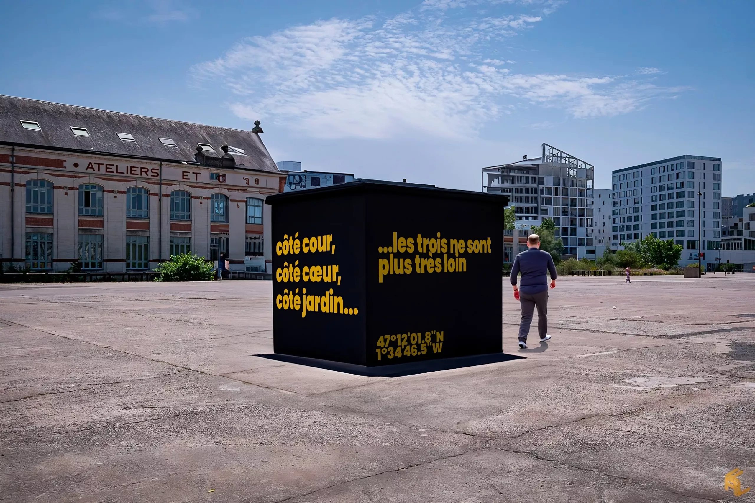 Campagne de communication physique pour le nouveau lieu culturel et social Epiphyte, prenant place sur le parc des chantiers de l'île de Nantes sous la forme d'un gros bloc, indiquant les coordonnés d'Epiphyte.