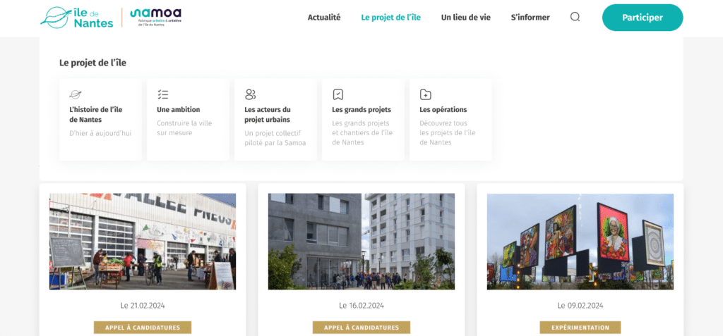 Un nouveau méga menu créé pour l'interface web du site de la Samoa, l'aménageur urbain de l'île de Nantes.